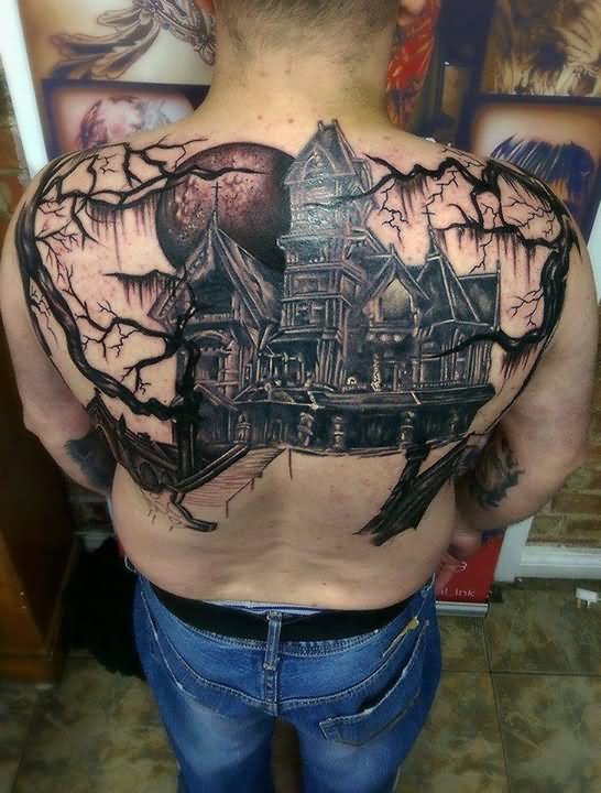 Traditional Haunted House Tattoo On Upper Back For Men
