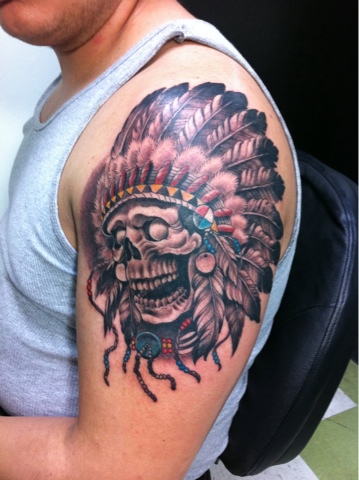 Traditional Indian Chief Female Skull Tattoo On Man Left Shoulder