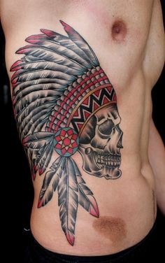 Traditional Indian Chief Female Skull Tattoo On Man Side Rib