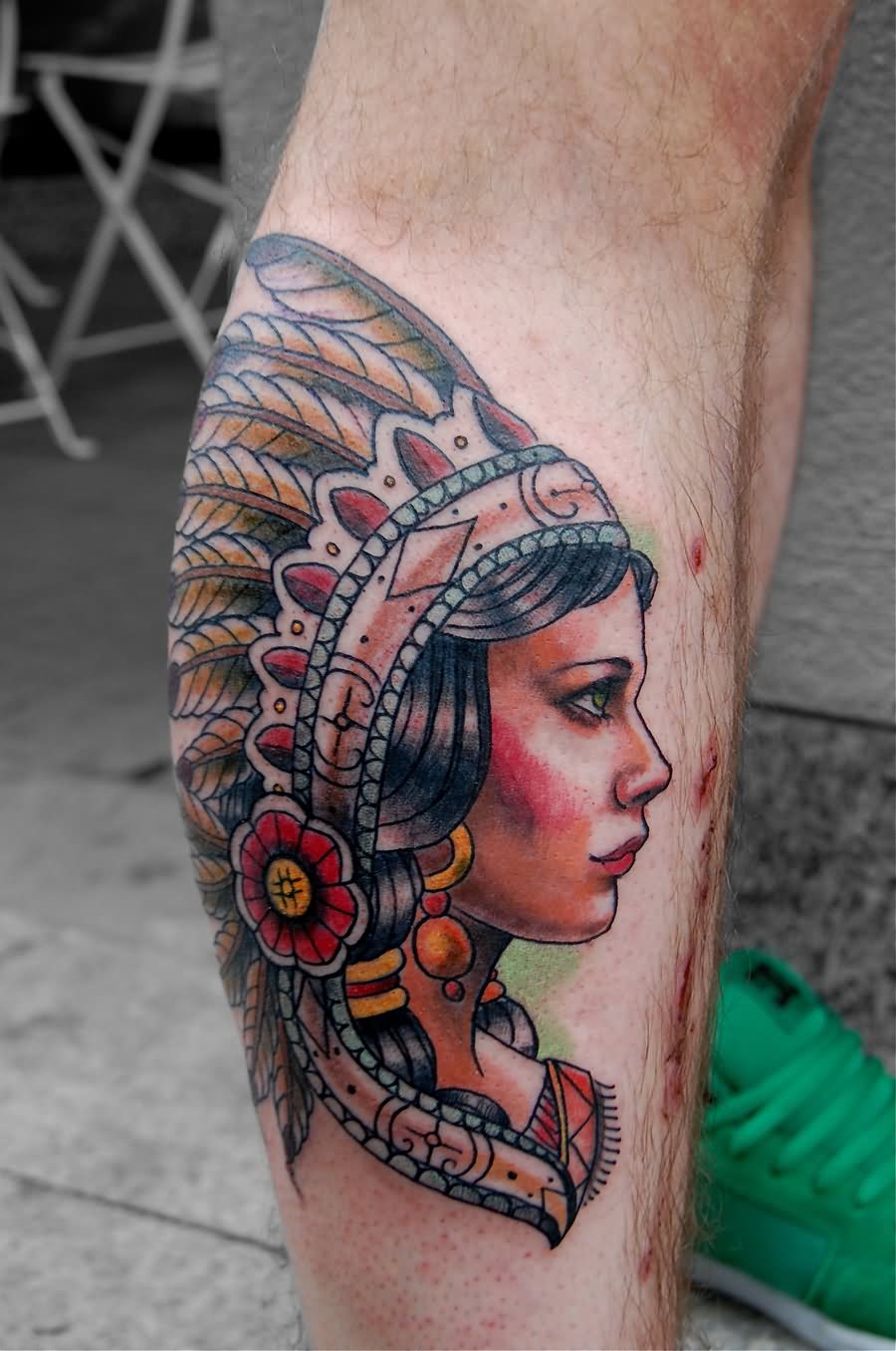 Traditional Indian Chief Female Tattoo Design For Leg Calf by Tattooneos