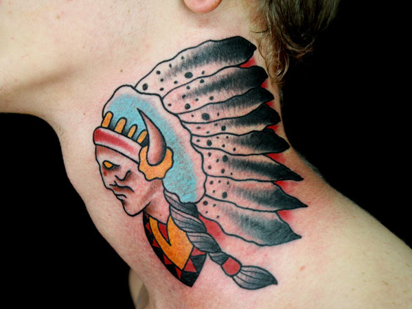 Traditional Indian Chief Female Tattoo On Side Neck