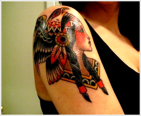 Traditional Indian Chief Female With Eagle Tattoo On Right Shoulder