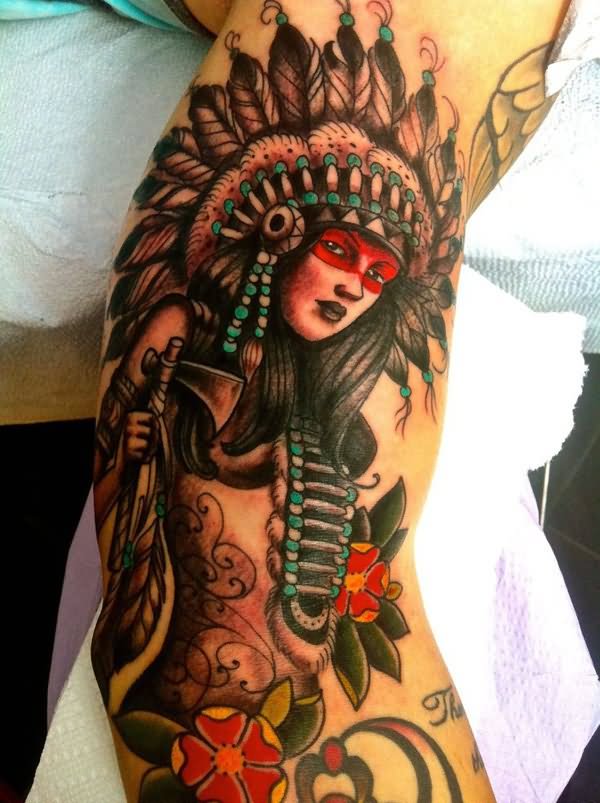 Traditional Indian Chief Female With Flowers Tattoo On Full Sleeve By Kyle Walker
