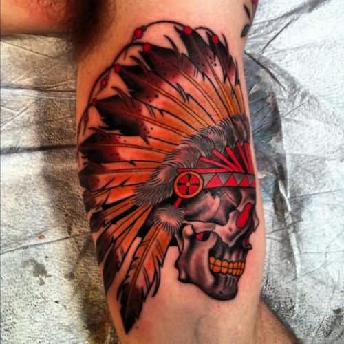 Traditional Indian Chief Skull Head Tattoo Design For Bicep