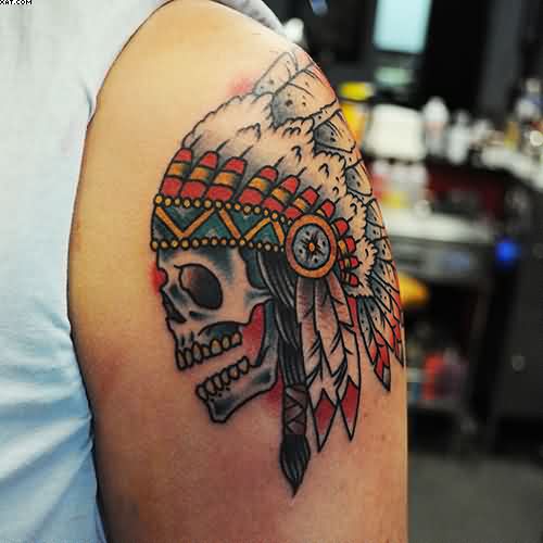 Traditional Indian Chief Skull Head Tattoo Design For Shoulder By Steve Fawley
