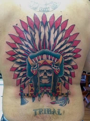 Traditional Indian Chief Skull Head Tattoo On Full Back By KeelHauled Mike