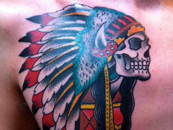 Traditional Indian Chief Skull Tattoo Design For Man Chest