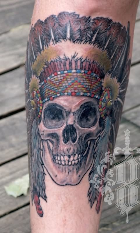 Traditional Indian Chief Skull Tattoo Design For Sleeve