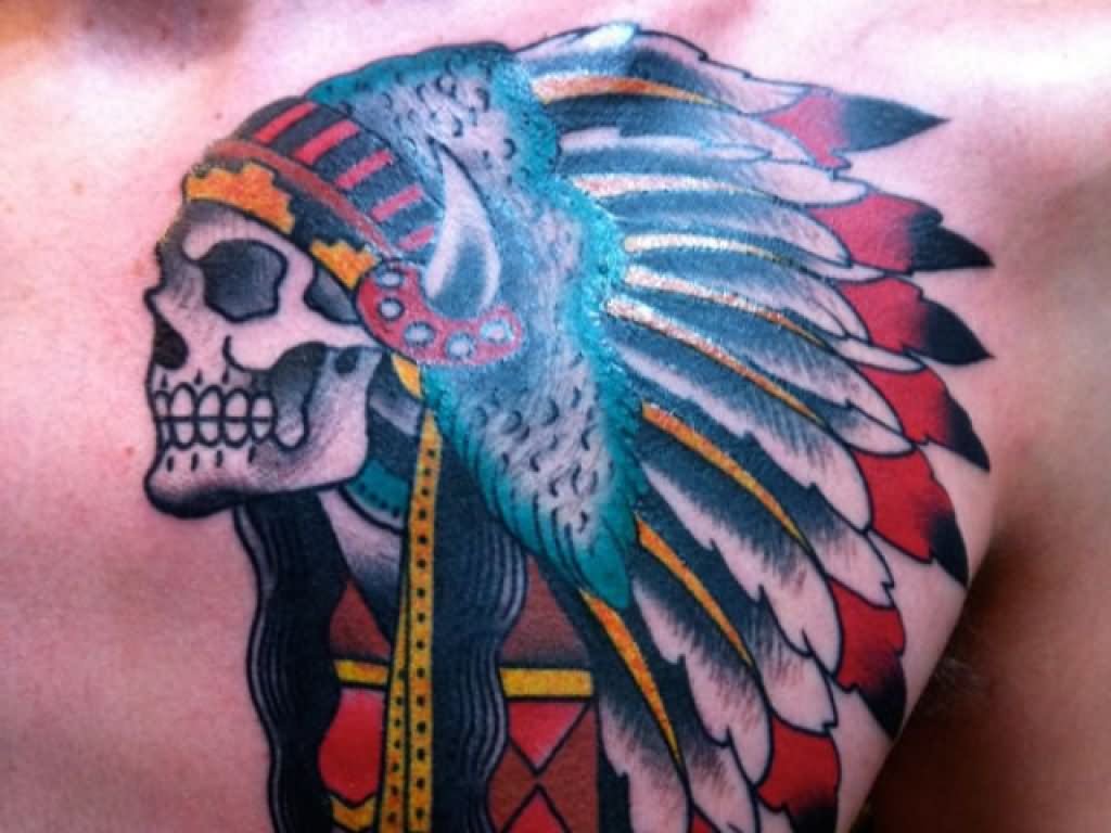 Traditional Indian Chief Skull Tattoo Design