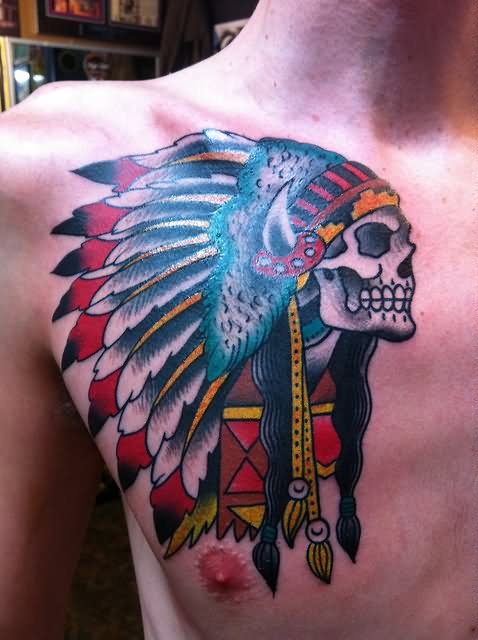 Traditional Indian Chief Skull Tattoo On Man Right Front Shoulder