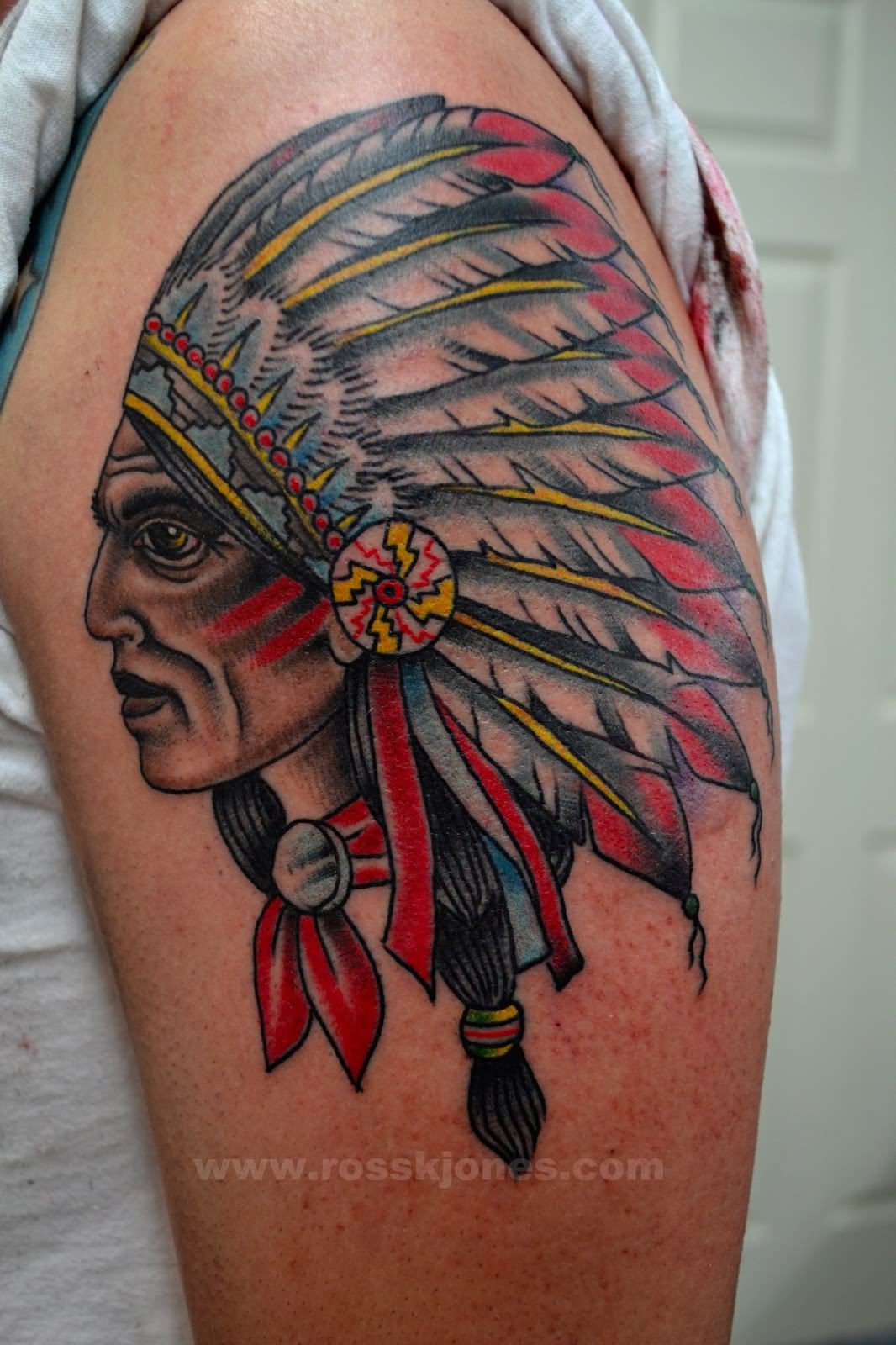 Traditional Indian Chief Tattoo On Shoulder By Ross Jones