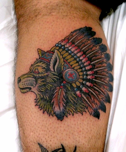 Traditional Indian Chief Wolf Tattoo Design For Leg