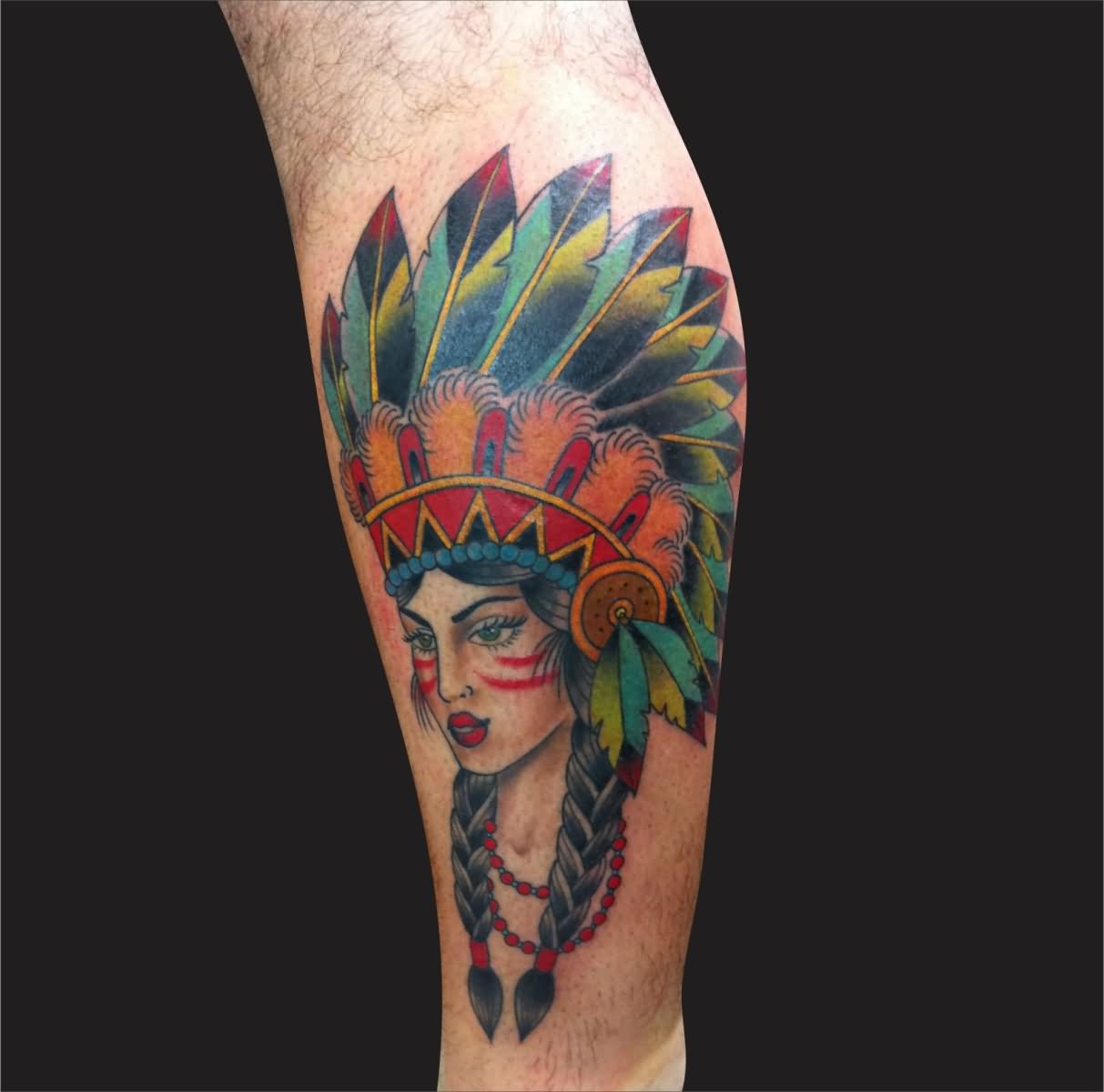 Traditional Indian Native Girl Tattoo Design For Leg