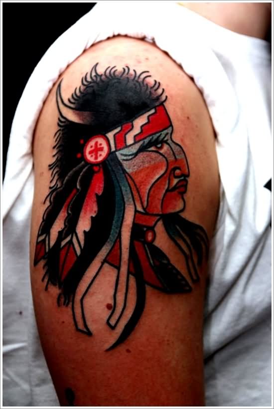 Traditional Indian Native Man Face Tattoo On Right Shoulder