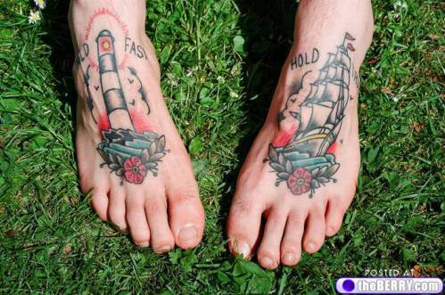 Traditional Lighthouse And Ship Tattoo Design For Men Feet