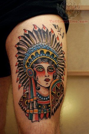 Traditional Native Indian Girl Tattoo On Thigh