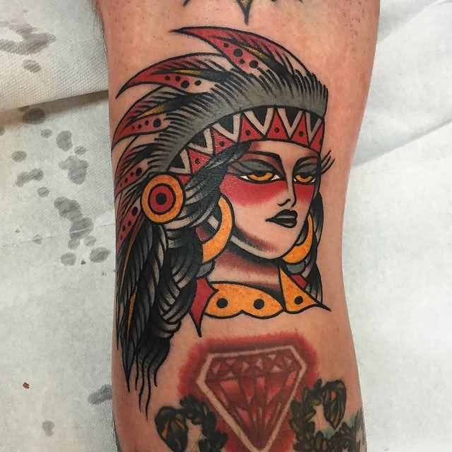 Traditional Native Indian Girl With Diamond Tattoo Design For Sleeve By Luke Jinks