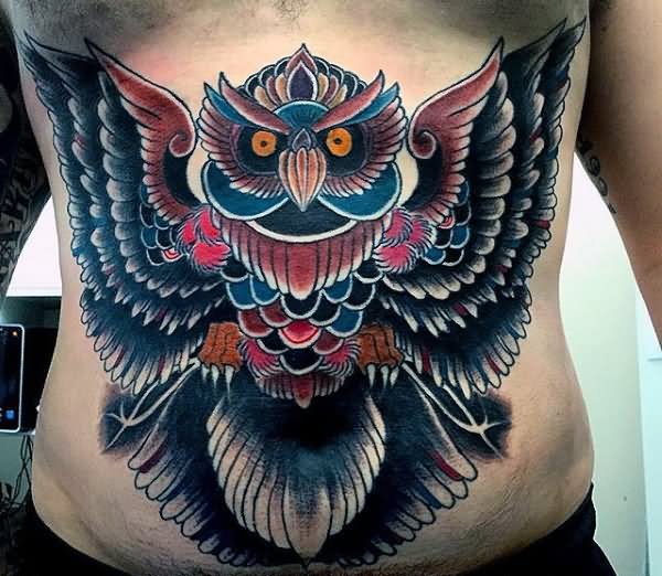 Traditional Owl Tattoo On Stomach