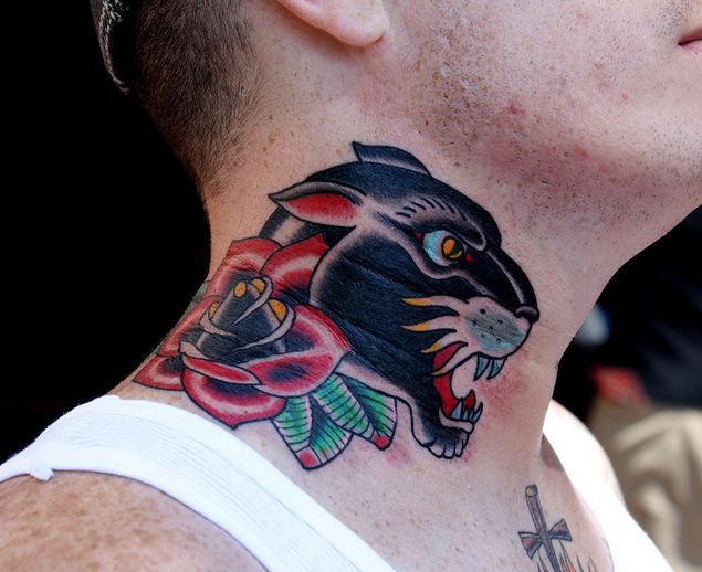 Traditional Panther Face With Rose Tattoo On Man Side Neck