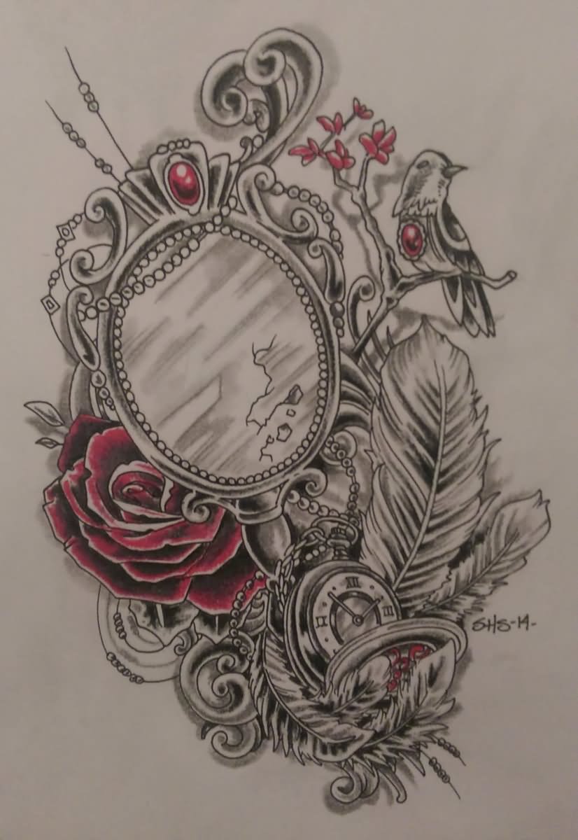 Traditional Rose And Hand Mirror Tattoo Design