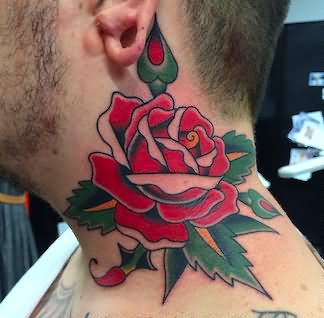 Traditional Rose Tattoo On Man Front Neck