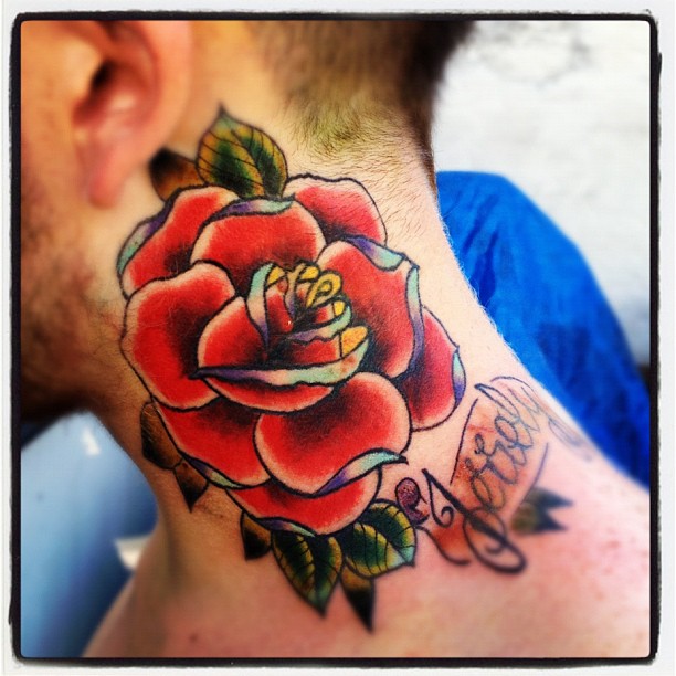 Traditional Rose Tattoo On Man Side Neck