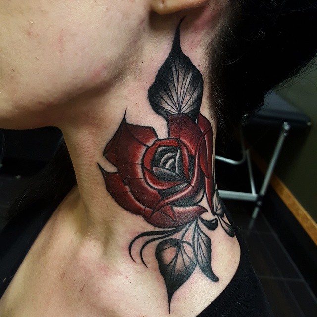 Traditional Rose Tattoo On Side Neck
