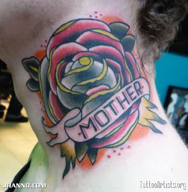 Traditional Rose With Mother Banner Tattoo On Side Neck
