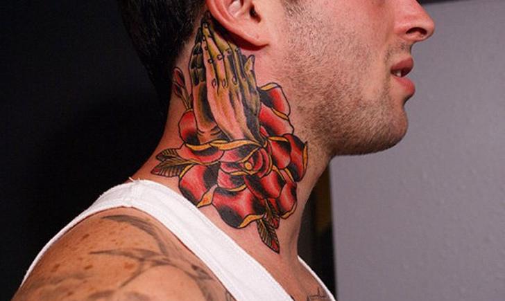 Traditional Rose With Praying Hands Tattoo On Man Side Neck