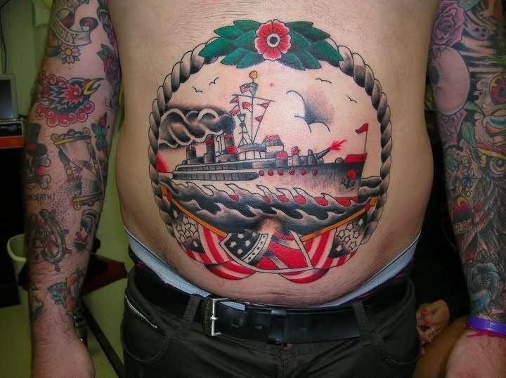 Traditional Ship In Rope Tattoo On Man Stomach