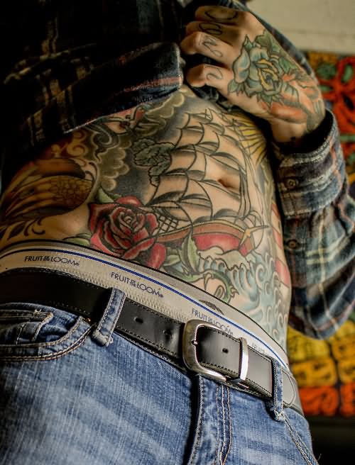 Traditional Ship Tattoo On Stomach