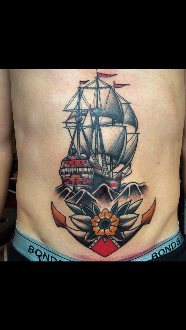 Traditional Ship With Anchor Tattoo On Man Stomach
