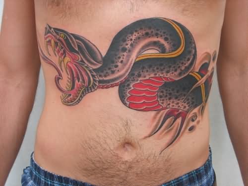 Traditional Snake Tattoo On Stomach