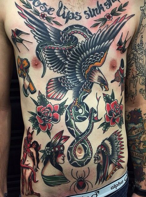 Traditional Tattoo On Man Stomach