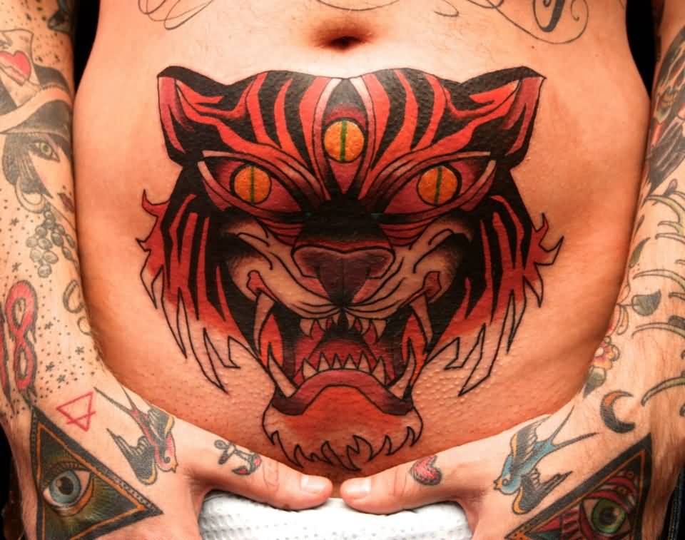 Traditional Three Eye Tiger Head Tattoo On Girl Stomach