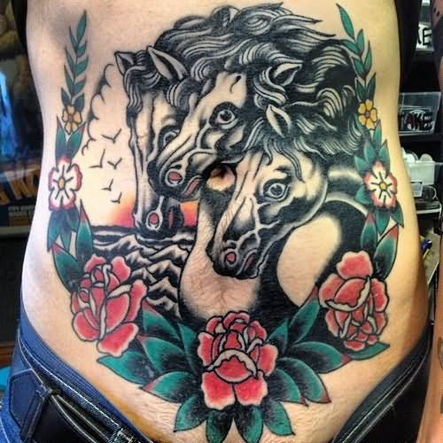 Traditional Three Horse Head With Roses Tattoo On Man Stomach