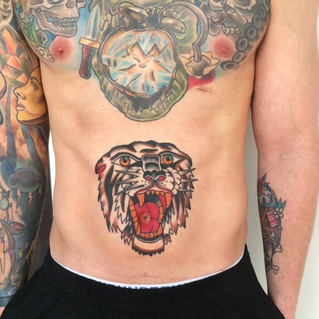 Traditional Tiger Head Tattoo On Man Stomach