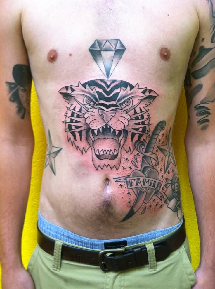 Traditional Tiger Head With Diamond Tattoo On Man Stomach