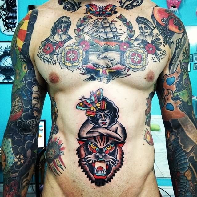 Traditional Tiger Head With Girl Face Tattoo On Stomach