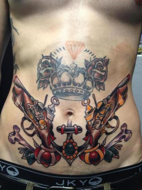 Traditional Two Gun With Crown And Anchor Tattoo On Stomach