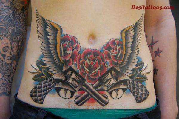 Traditional Two Gun With Wings And Roses Tattoo Design For Stomach