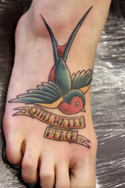 Traditional With Banner Tattoo On Right Foot