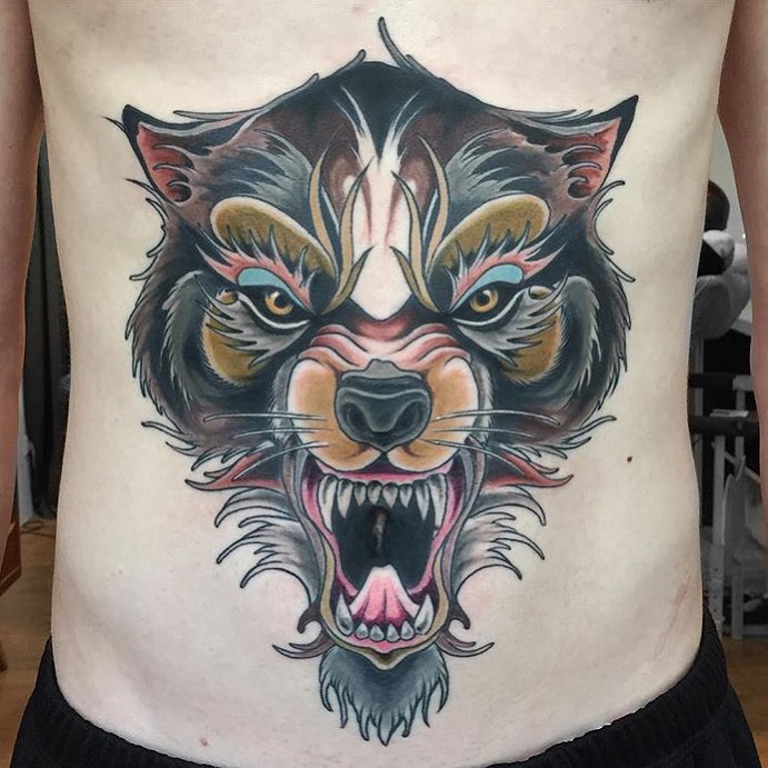 Traditional Wolf Head Tattoo On Man Stomach