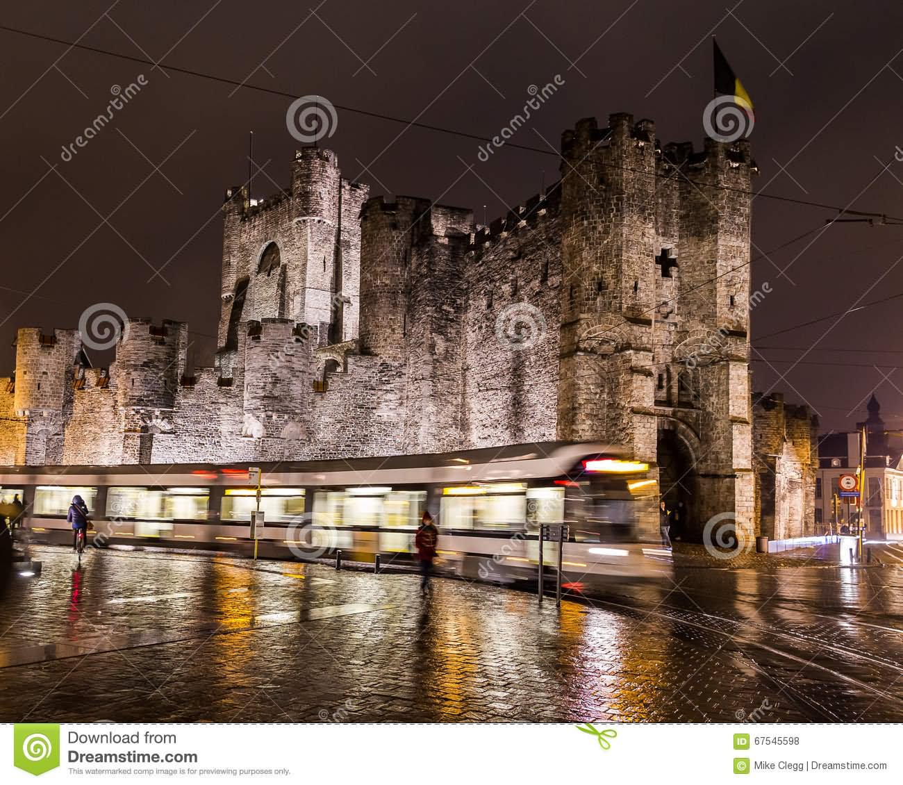 Tram Passing Near From The Gravensteen At Night
