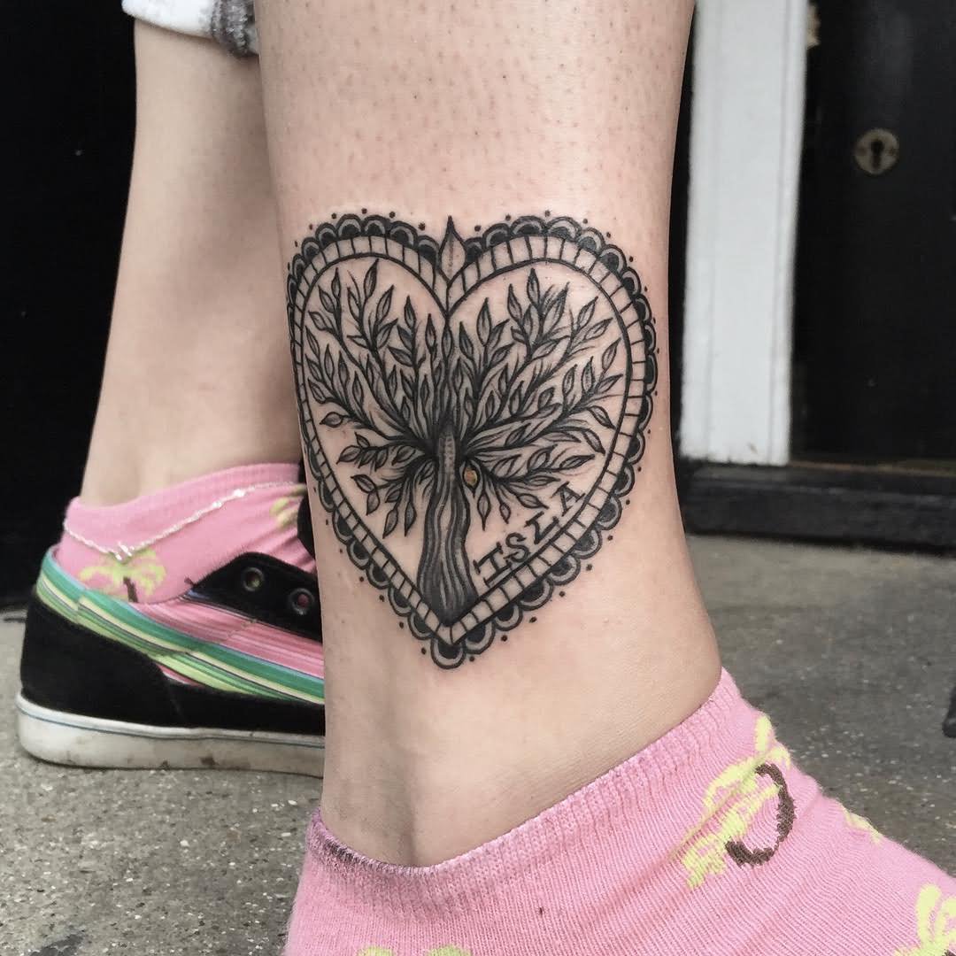 Tree In Heart Frame Tattoo On Ankle