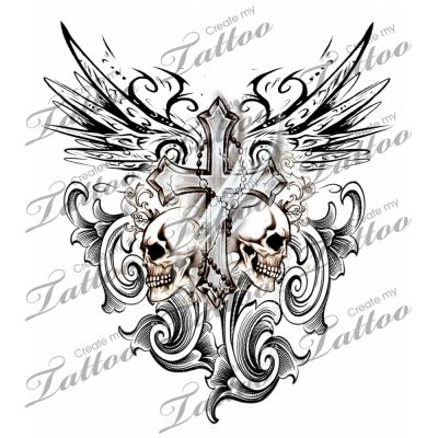 Two Gothic Skull And Cross With Wings Tattoo Design