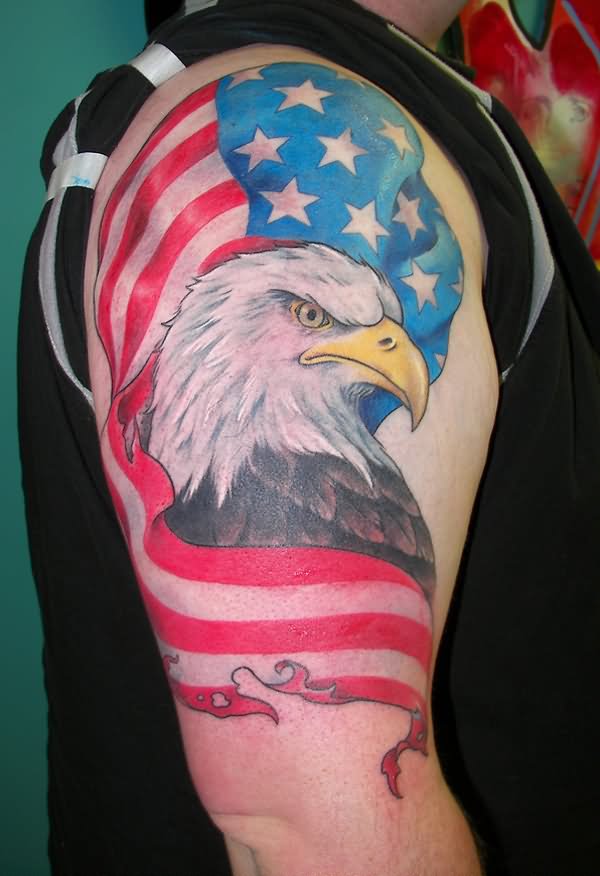 USA Flag With Eagle Tattoo On Man Right Half Sleeve