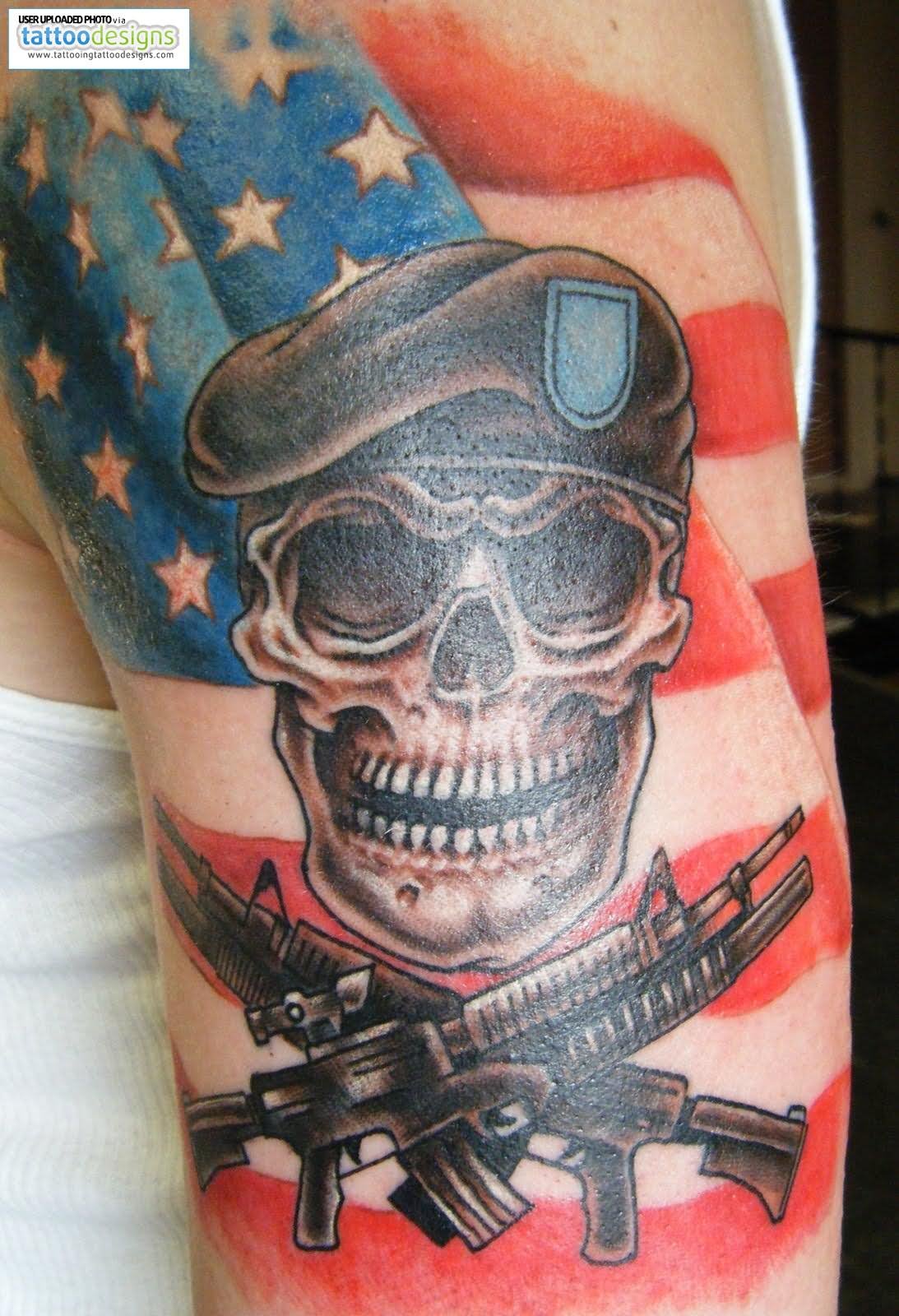 USA Flag With Skull And Two Crossing Guns Tattoo Design For Half Sleeve