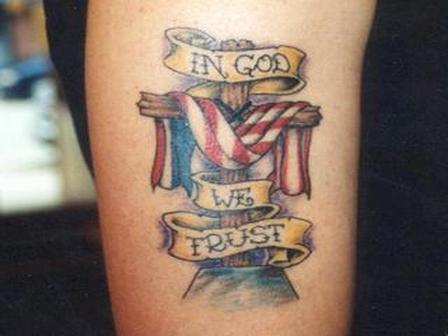 USA Flag With Wooden Cross And Banner Tattoo Design For Half Sleeve