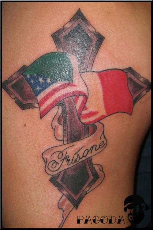 USA With Italian Flag And Cross Tattoo Design